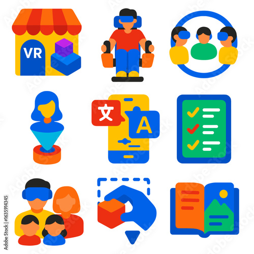 Virtual Reality Icons. Flat vector icons of virtual reality and metaverse items: metaverse rental hub, haptic chair system, VR