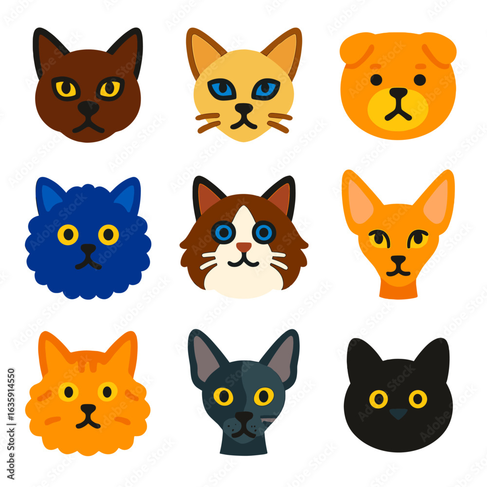 Fototapeta premium Vibrant Cat Breed Icons. Flat vector icons of cat breeds: Burmese strong muzzle, Tonkinese almond eyes, Scottish Fold bent ears.