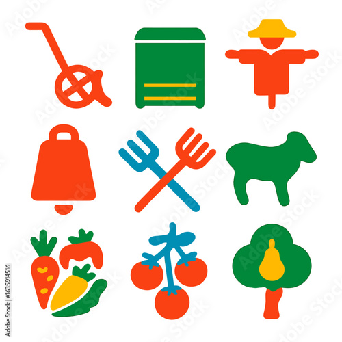 Bright Farm Icons. Flat vector icons of farm glyph: wheel hoe glyph, compost bin silhouette, scarecrow with arms icon. Cowbell