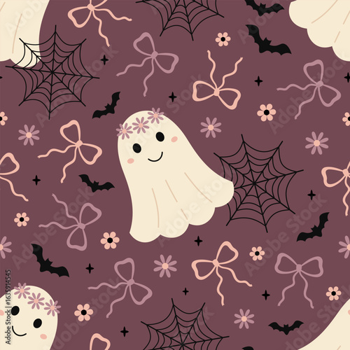 Coquette Halloween seamless pattern with cute ghost, bows, flowers, bats and spiderwebs. Girly Halloween spooky background
