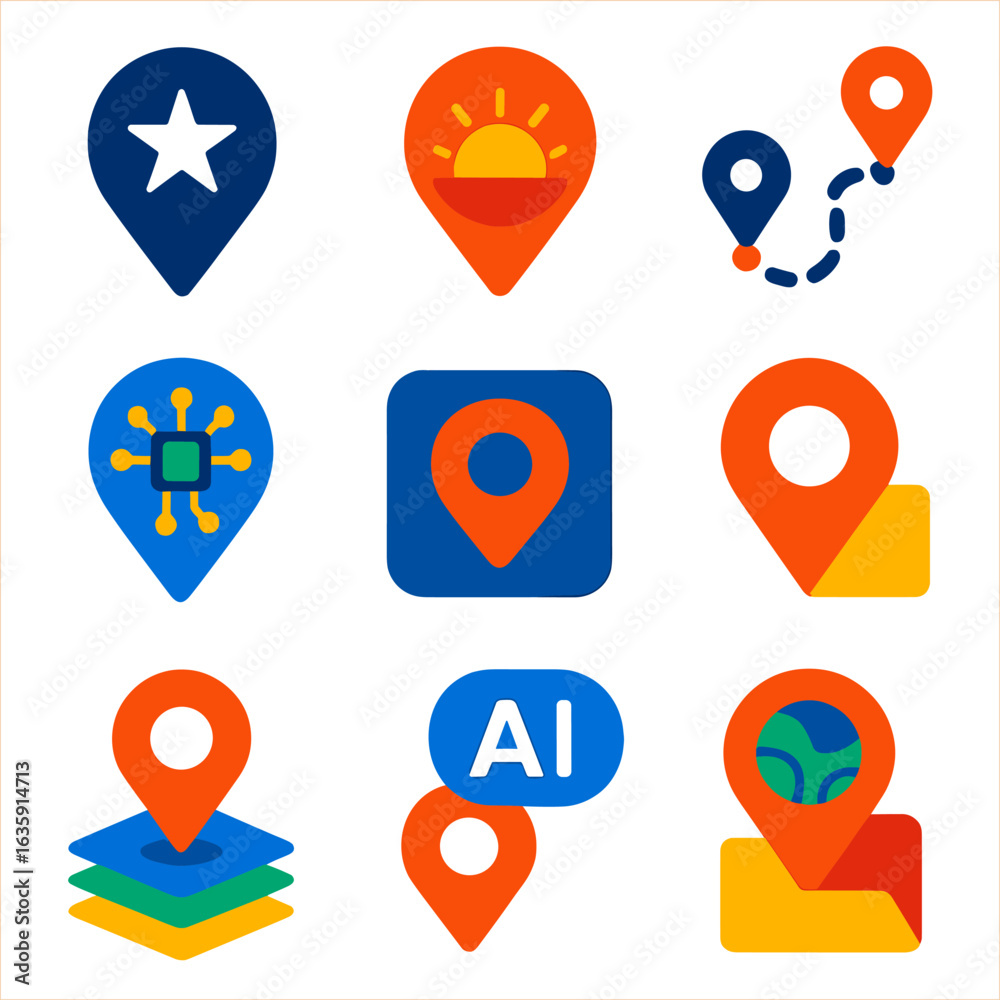 Fototapeta premium Modern Navigation Pins. Flat vector icons of navigation pins: night pin with star icon, sunrise icon inside pin, multi-destination