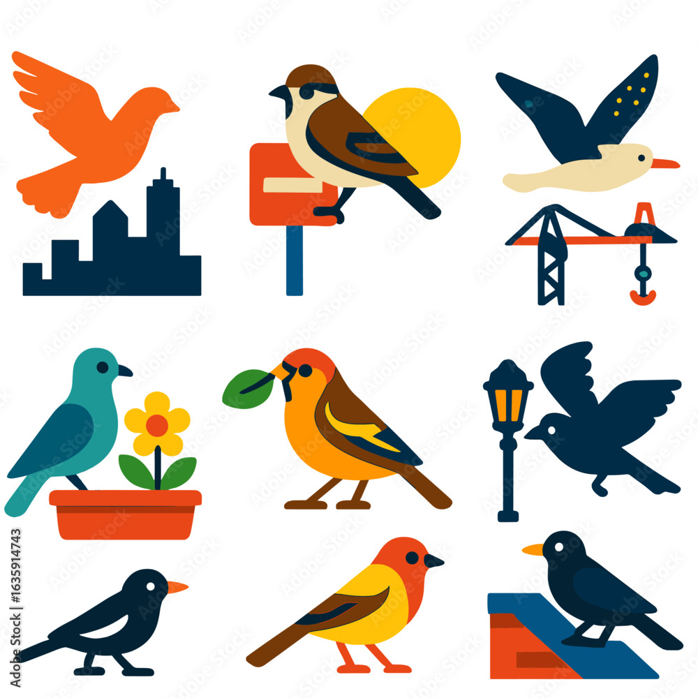 Naklejka premium City Bird Icons. Flat vector icons of city birds: silhouette of pigeon flying over skyline, sparrow perched on traffic sign,