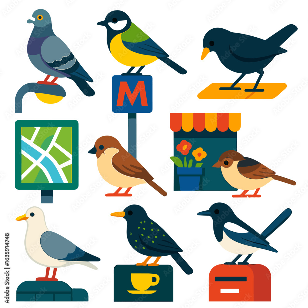 Fototapeta premium Urban Bird Icons. Flat vector icons of city birds: urban pigeon sitting on streetlight, tit with folded wings on metro pole, crow