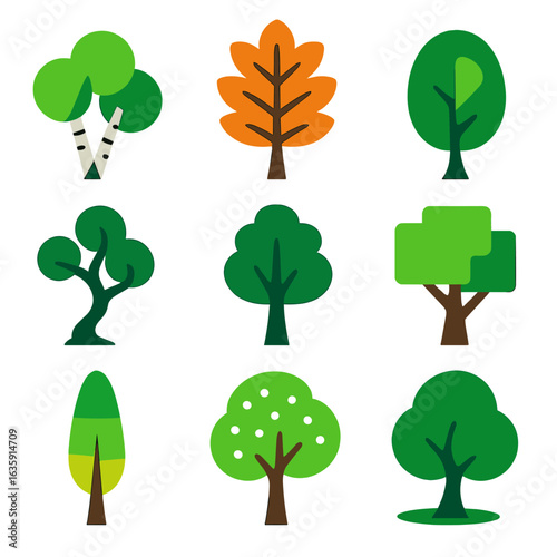 Vibrant Tree Icons. Flat vector icons of deciduous trees: grouped birch with diagonal trunks, orange ash with strong shape,