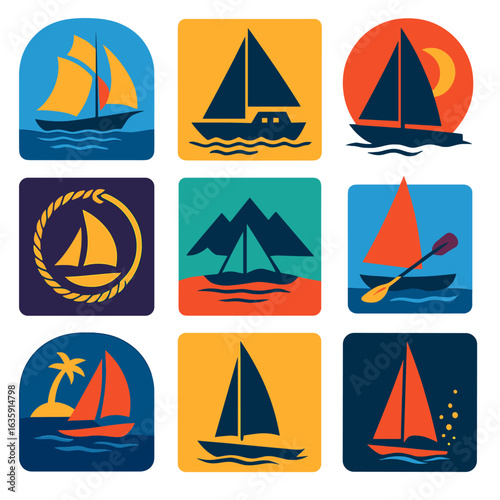 Sailing Boat Silhouettes. Flat vector icons of sailing boat silhouettes: stylized schooner with rounded sails, flat graphic of