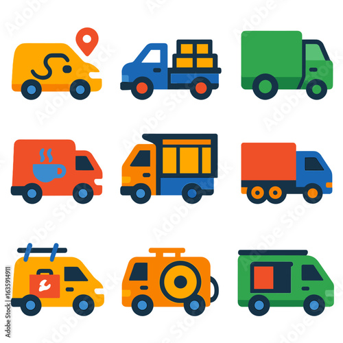 Colorful Vehicle Icons. Flat vector icons of van, truck and lorry: compact delivery van with tracking route, lorry with stacked