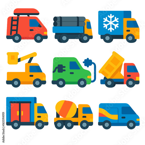 Modern Vehicle Icons. Flat vector icons of van, truck and lorry: van with rear ladder and roof box, flatbed truck carrying pipes,