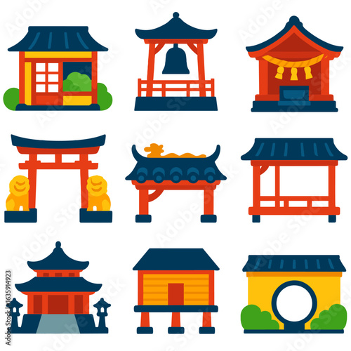Japanese Architecture Icons. Flat vector icons of Japanese Chinese architecture: small teahouse with garden view, temple drum