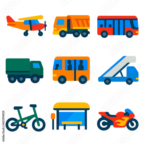Modern Transport Icons. Flat vector icons of transportation: light aircraft with tricycle gear, snow plow with front blade,