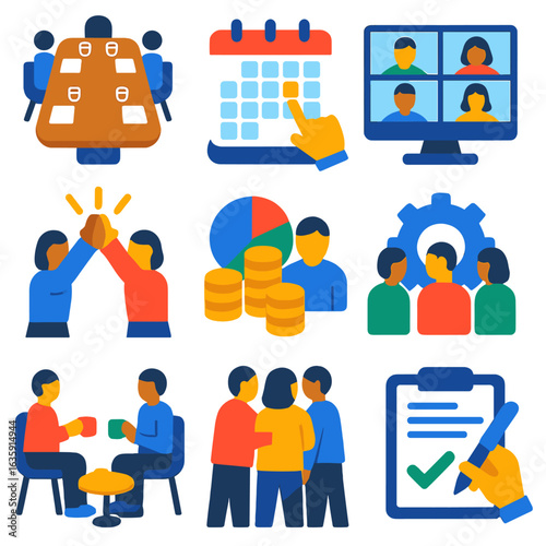 Business Meeting Icons. Flat vector icons of business meeting: boardroom setup with notepads and glasses, planning calendar on