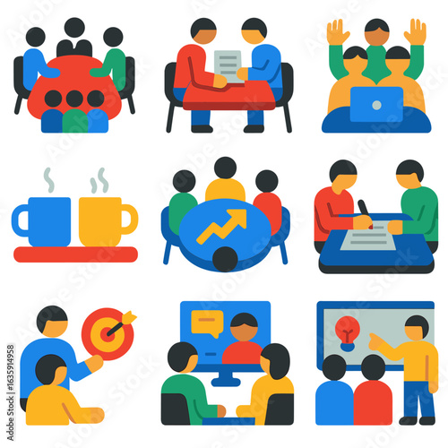 Business Meeting Icons. Flat vector icons of business meeting: board of directors table, contract review across table, digital
