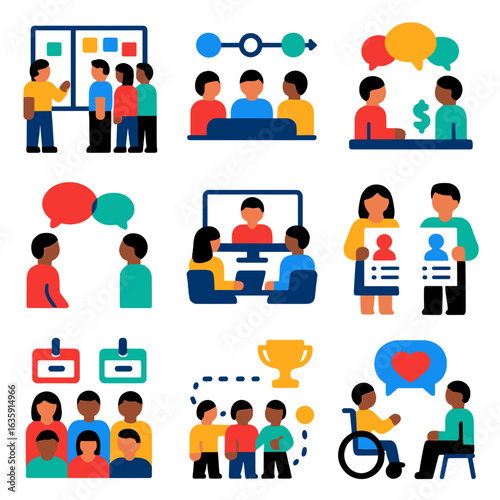 Colorful Business Icons. Flat vector icons of business meeting: agile daily standup with sticky board, product roadmap alignment