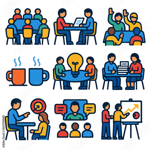 Business Meeting Icons. Flat vector icons of business meeting: board of directors table, contract review across table, digital