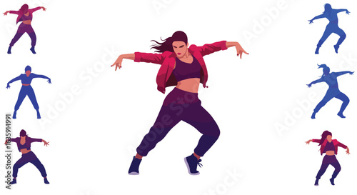 Female dancer with loose hair and jacket posing with colored duplicate silhouettes