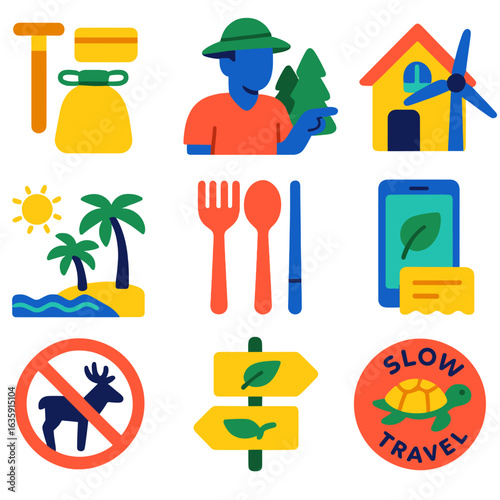 Sustainable Travel Icons. Flat vector icons of sustainable travel and eco tourism: zero-waste shaving kit, community eco guide,