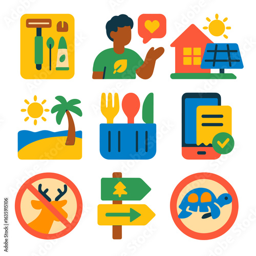 Sustainable Travel Icons. Flat vector icons of sustainable travel and eco tourism: zero-waste shaving kit, community eco guide,
