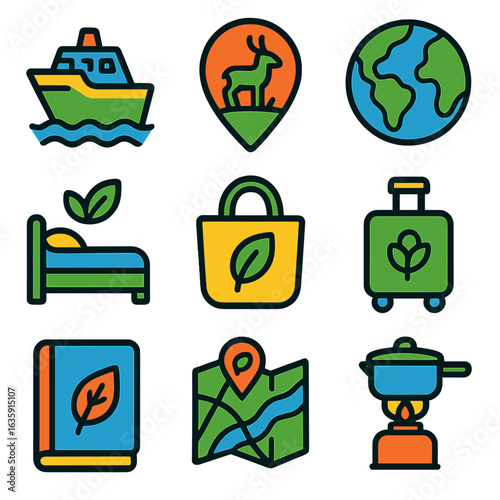 Eco Travel Icons. Flat vector icons of sustainable travel and eco tourism: eco ferry boat, wildlife conservation pin, hand-drawn