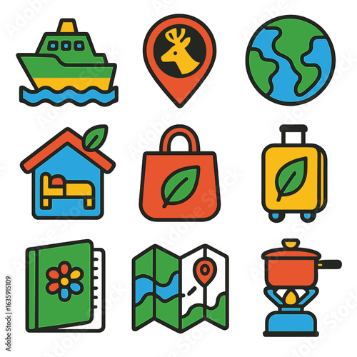 Eco Travel Icons. Flat vector icons of sustainable travel and eco tourism: eco ferry boat, wildlife conservation pin, hand-drawn