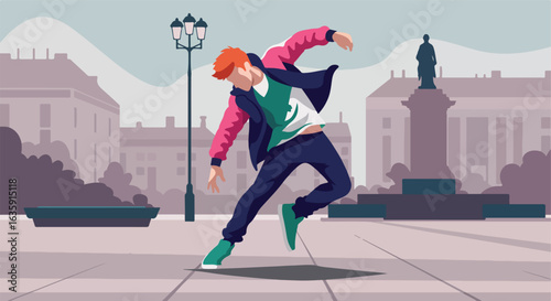 Person with pink sleeves and blue jacket dancing outdoors in city near buildings