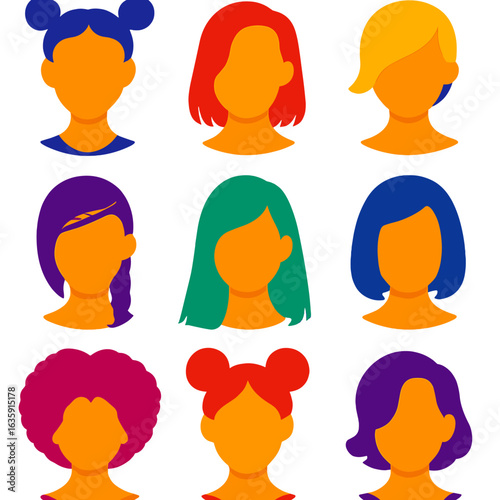 Vibrant Women Hairstyles. Flat vector icons of women hairstyles: twisted twin buns, wet look lob, deep side part with volume.