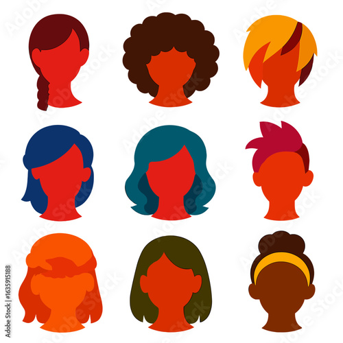 Vibrant Women's Hairstyles Icons. Flat vector icons of women hairstyles: long slick braid, wild curly afro, highlighted choppy cut