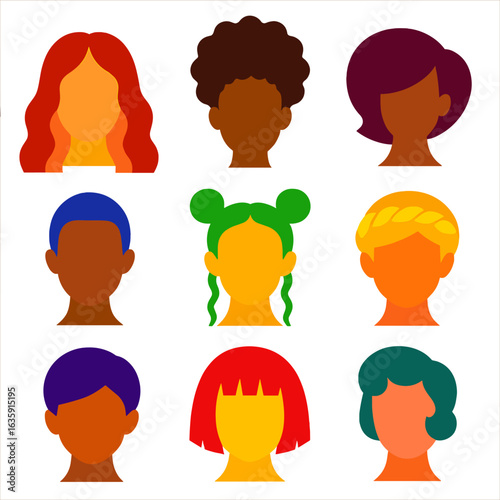 Vibrant Women's Hairstyles Icons. Flat vector icons of women hairstyles: ombré waves, voluminous coily puff, side-swept afro. Chic