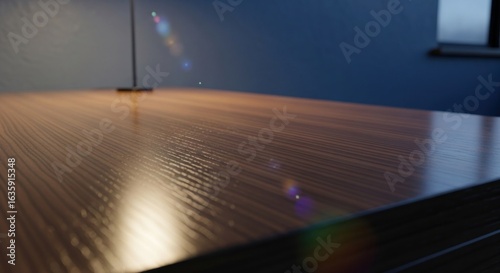 Desk with wood grain, out of focus lens flare, and wall in background