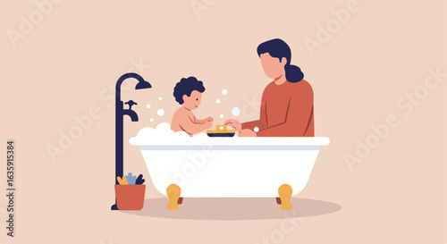 Bath time fun parent washes their child in a tub full of bubbles, toys present