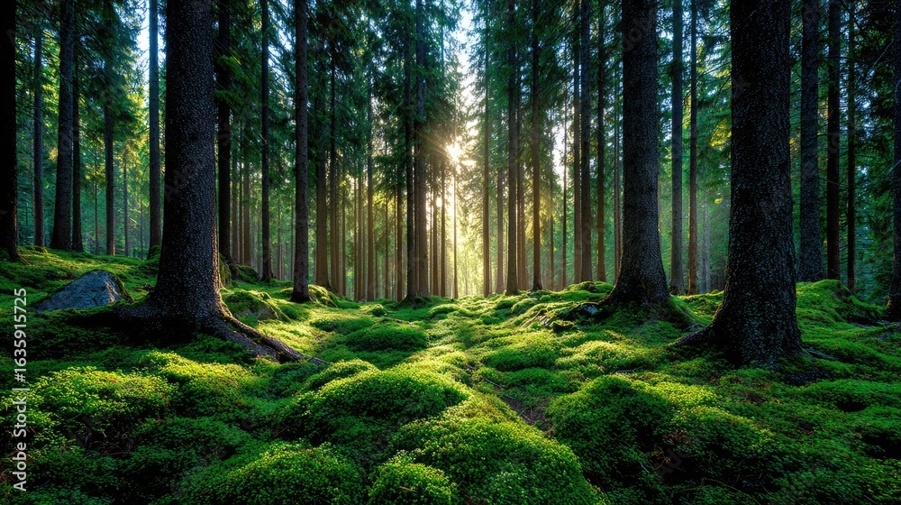 Obraz premium Sunlight streams through a dense forest floor covered in moss.