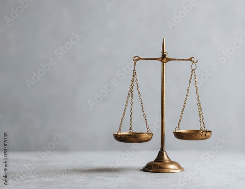 Antique brass scales of justice on a light gray surface