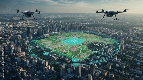 Aerial View of Cityscape with Drones and Futuristic Map Overlay