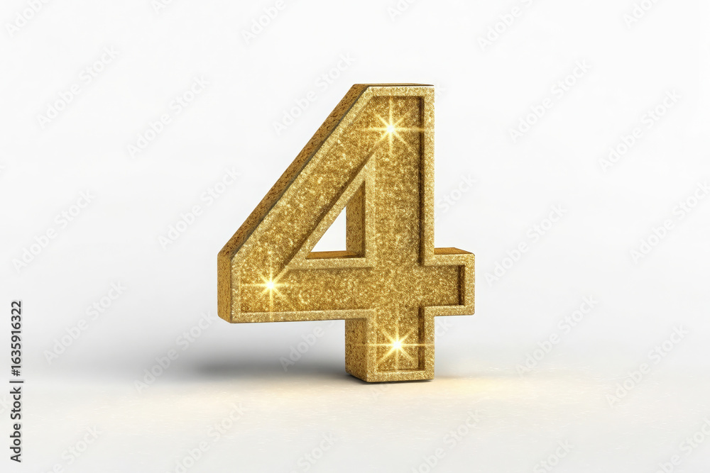 Obraz premium Gleaming Golden Number Four with Sparkling Highlights on a Plain White Surface for Elegant Design
