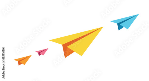 Colorful paper planes soar against a white backdrop, symbolizing progress & growth