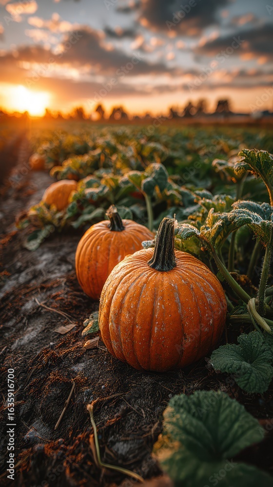 Vibrant pumpkins grow in a field during sunset, highlighting the beauty of autumn harvest in rural farmland Vibrant pumpkins grow in a field during sunset, highlighting the beauty of autumn harvest in rural farmland