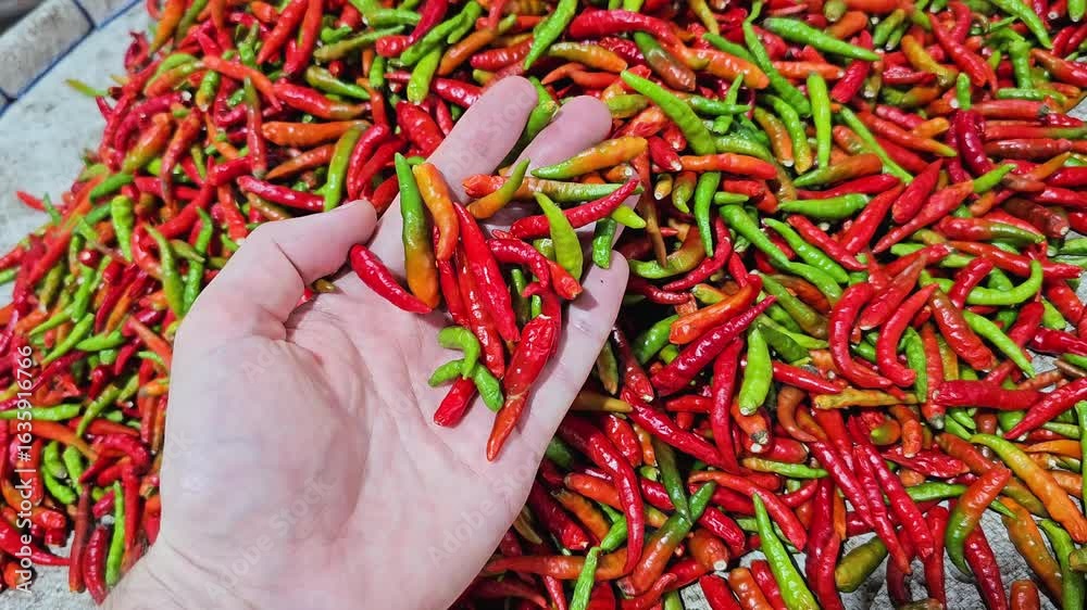 Human hand holding mix of fresh red and green chili peppers over large pile of chili peppers. Close up food footage