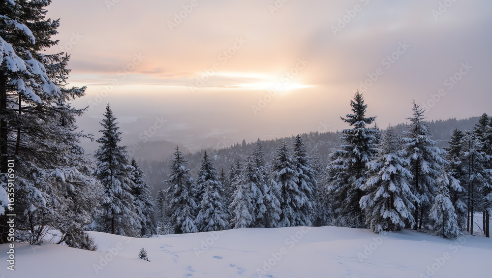 Fototapeta premium Snow-Covered Pine Trees Under a Pastel Winter Sunrise