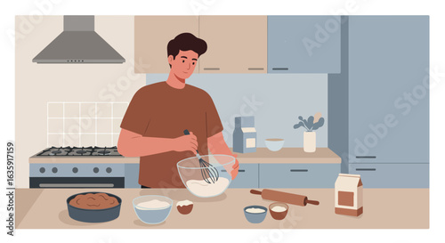 Man baking. Mixing a cake batter in glass bowl, kitchen with stove and cabinets