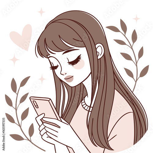 Young woman with long brown hair looking at smartphone with decorative plants and hearts girl female