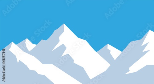 Mountain peaks covered in snow under clear blue sky. Simple illustration