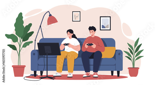 Couple play game on sofa, plants, art,lamp, rug complete scene. Modern aesthetic