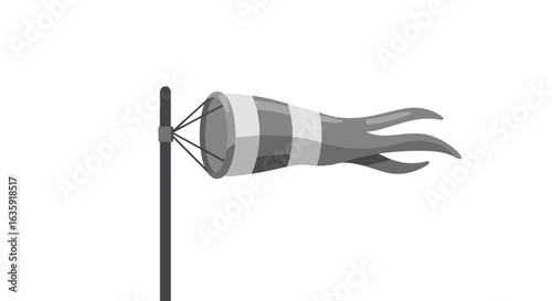 Animated illustration of striped, grayscale windsock blowing gently to the right