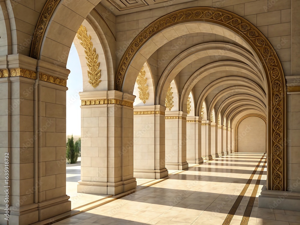 Fototapeta premium Grand arched corridor with sunlight and shadows