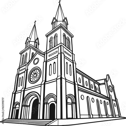 Hand-Drawn Notre-Dame Cathedral Basilica of Saigon Illustration, Detailed Vietnam Landmark Line Art with Transparent Background. Perfect for: Christmas, Ho Chi Minh City tourism