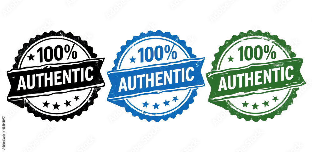 Obraz premium 100% Authentic Stamps in Black, Blue, and Green with Grungy Texture on Transparent Background