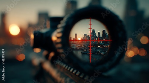 Sniper Scope View of City Skyline at Sunset with Red Crosshairs