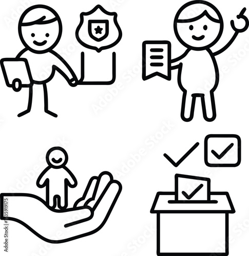 Four simple black and white line drawings depict concepts of authority, legal documents, care, and democratic voting processes.
