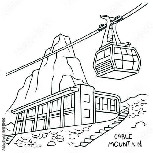 Hand-Drawn Table Mountain Cableway Station Illustration, Detailed Cape Town Landmark Line Art with Transparent Background. Perfect for: South Africa Freedom Day, Cape Town tourism