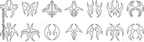 Tribal tattoo icons set in black line styles. ethnic body art symbol vectors, decorative pattern silhouette, abstract designs shapes and ornamental ink illustration isolated on transparent background.