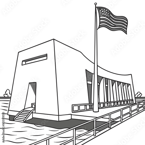 Hand-Drawn USS Arizona Memorial Illustration, Detailed Pearl Harbor Landmark Line Art with Transparent Background. Perfect for: Pearl Harbor Remembrance Day, Hawaii tourism