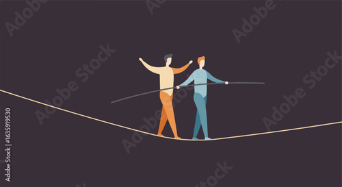 Two figures balance on tightropes with care in a minimalist design illustration